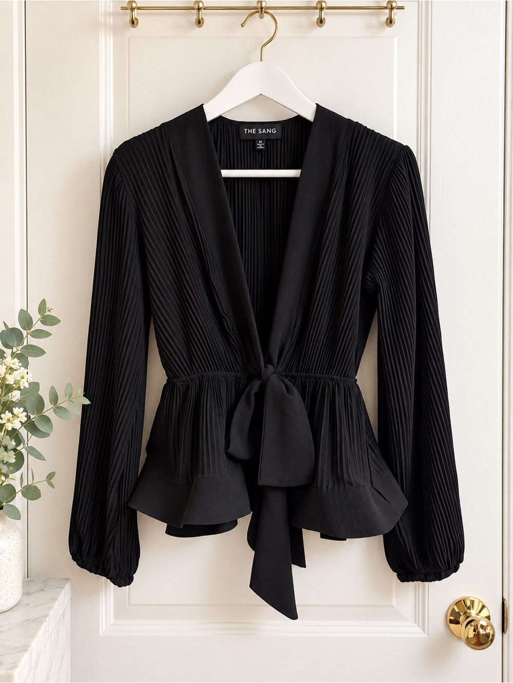 The Sang Black Pleated Tie Front Peplum Blouse Size M